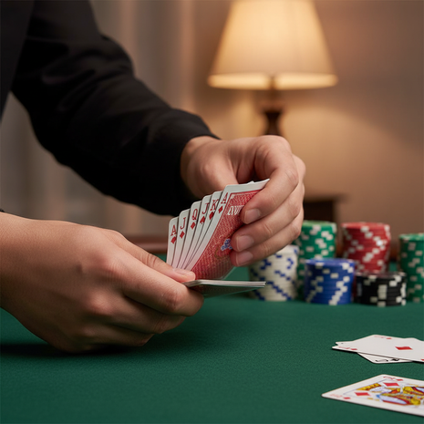 Manos barajando cartas casino sobre tapete verde con fichas de poker – noche de juegos en casa

