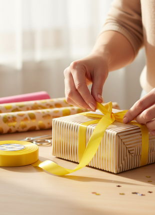 Cinta satinada amarilla en uso – decoración de regalos con acabado vibrante y festivo


