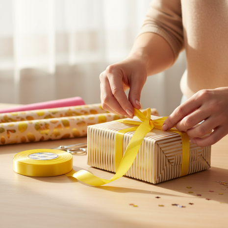 Cinta satinada amarilla en uso – decoración de regalos con acabado vibrante y festivo

