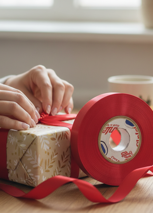 Cinta satinada roja en uso – decoración de regalos con acabado elegante y profesional


