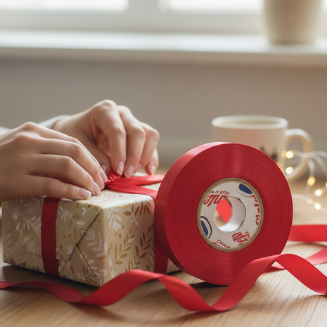 Cinta satinada roja en uso – decoración de regalos con acabado elegante y profesional



