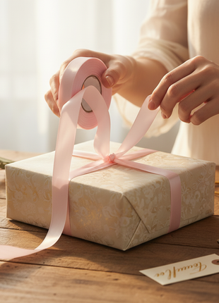 Cinta satinada rosada en uso – decoración de regalos con acabado delicado y femenino

