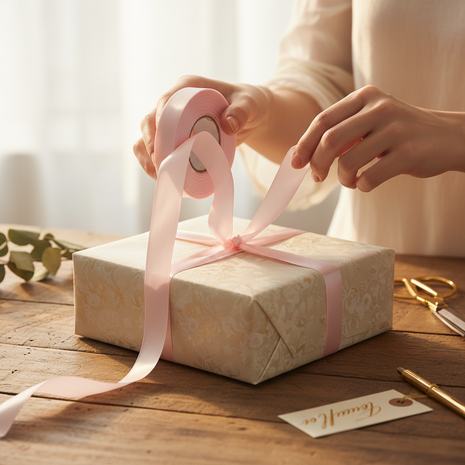 Cinta satinada rosada en uso – decoración de regalos con acabado delicado y femenino

