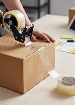 Cinta de embalaje transparente 60 yds en uso – sellado rápido de cajas para e-commerce y logística – Envíos express

