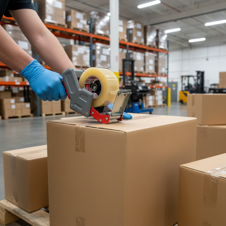 Cinta de embalaje 400 yds en uso industrial – sellado eficiente de grandes volúmenes en almacén y distribución – Envíos express


