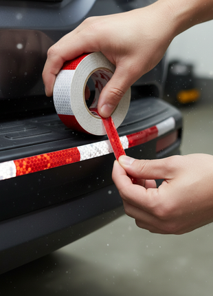 Cinta reflectiva roja y blanca aplicada en vehículo – señalización de seguridad vial resistente y duradera – Envíos express


