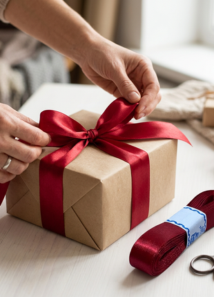 Cinta satinada roja utilizada para envolver un regalo