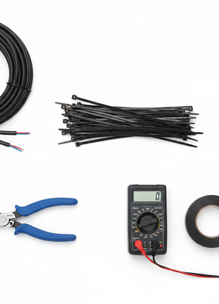Cintillos de nylon negro 30cm – flat lay con cables gruesos y herramientas – solución profesional de organización

