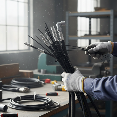 Cintillos nylon negro 30cm en uso – sujeción de cables y tuberías en taller e instalaciones industriales


