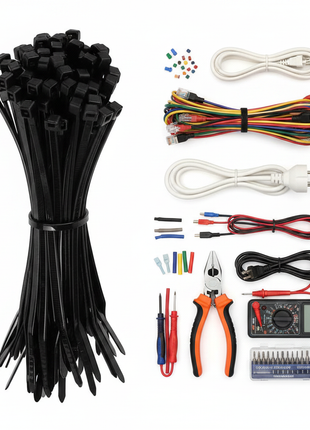 Cintillos de nylon negro – flat lay con cables y herramientas eléctricas – solución de organización para instalaciones

