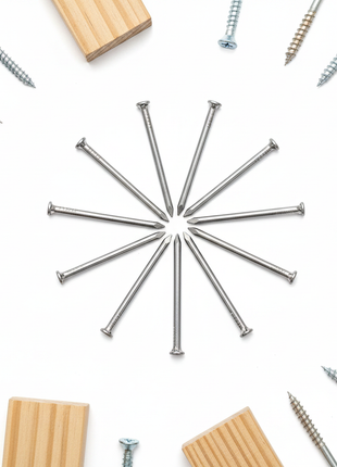 Set de 10 clavos de acero inoxidable 4cm con accesorios de carpintería, vista cenital

