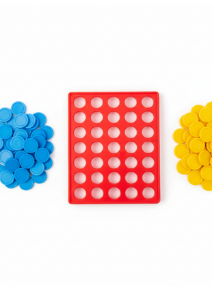 Connecting Game 4 en Raya flat lay tablero fichas amarillas azules estrategia familiar