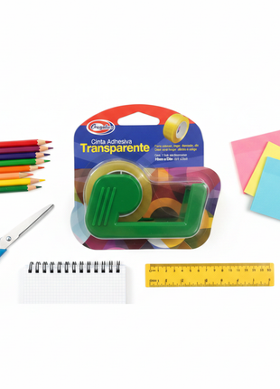 Cinta adhesiva Cregolin dispensador verde con útiles escolares – ideal para escritorio, aula y oficina – Envíos express

