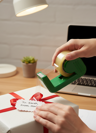 Cinta transparente Cregolin con dispensador verde en uso – pegado preciso para documentos y regalos – Envíos express

