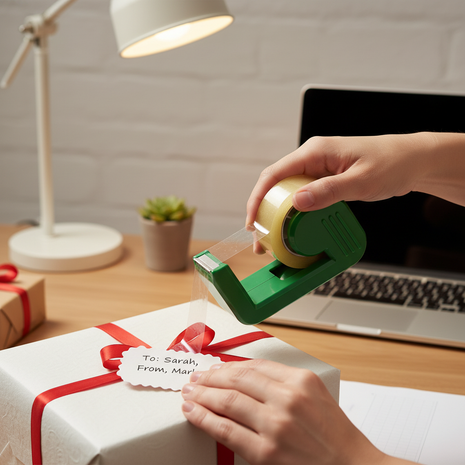 Cinta transparente Cregolin con dispensador verde en uso – pegado preciso para documentos y regalos – Envíos express


