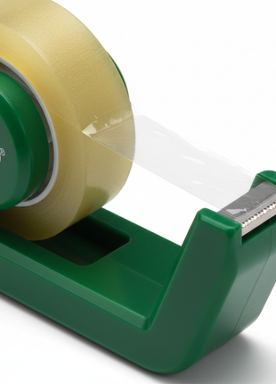 Detalle dispensador verde Cregolin – plástico resistente con corte limpio y cinta cristalina de alta adherencia – Envíos express

