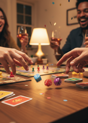 Manos lanzando dados de colores en mesa de juego – set 3 dados para juegos de mesa y actividades grupales

