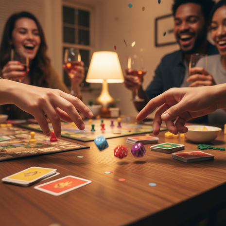 Manos lanzando dados de colores en mesa de juego – set 3 dados para juegos de mesa y actividades grupales

