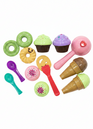 SK Deluxe Kitchen Set flat lay donuts cupcakes helados macarons cucharas pastel