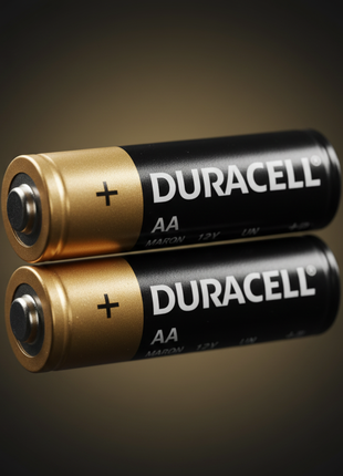 Duracell AA – detalle logo y etiqueta dorada – pila alcalina de larga duración certificada

