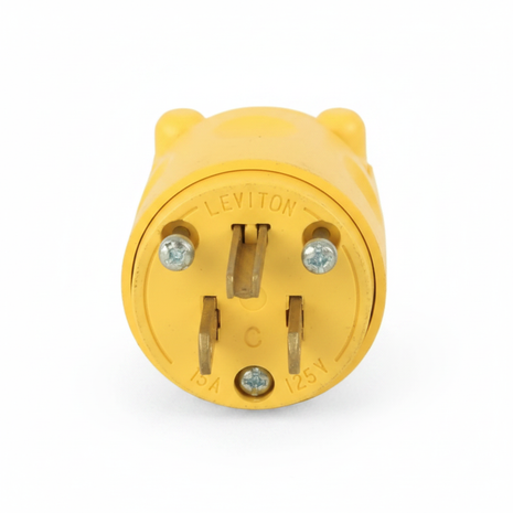 Enchufe macho industrial Leviton amarillo con tierra – clavijas planas de latón para uso profesional e industrial

