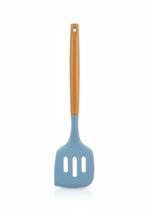 Espátula Silicona Azul Mango Madera - fondo blanco