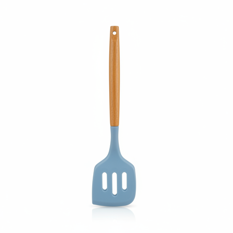 Espátula Silicona Azul Mango Madera - fondo blanco