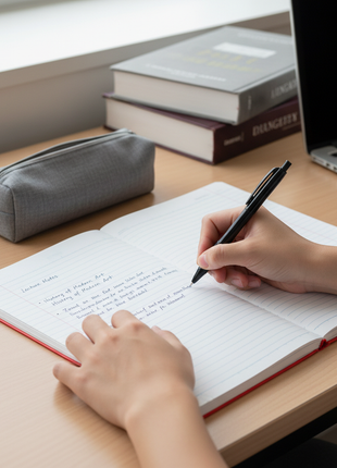Estudiante usando cuaderno College d'100 rojo para tomar apuntes