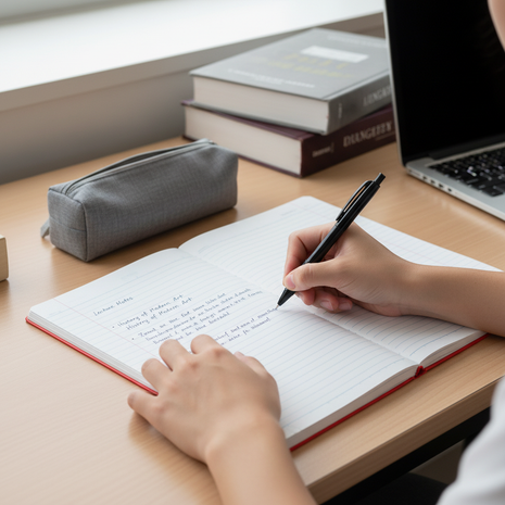 Estudiante usando cuaderno College d'100 rojo para tomar apuntes