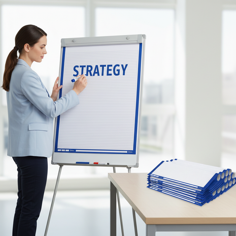 Facilitador usando pack de 10 papelógrafos triple renglón borde azul en taller