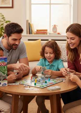 Familia jugando Monopoly Viaje