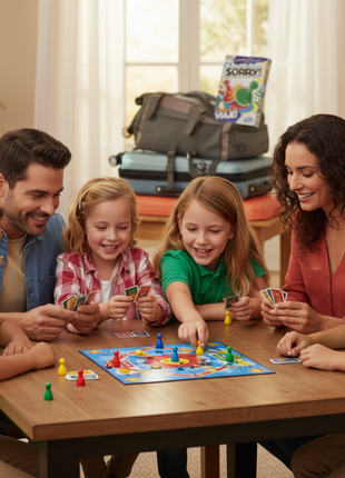 Familia jugando Sorry! Viaje