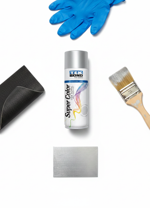 Flat lay pintura en spray aluminio Tekbond Super Color 400ml con accesorios DIY metal