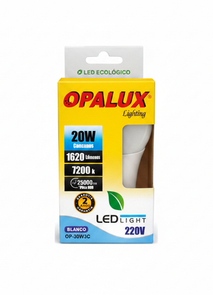 Opalux foco LED A60 20W 220V – luz blanca 7200K 1620lm – alto brillo – ideal para oficinas, cocinas y espacios de trabajo

