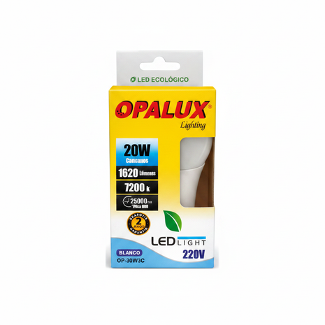 Opalux foco LED A60 20W 220V – luz blanca 7200K 1620lm – alto brillo – ideal para oficinas, cocinas y espacios de trabajo

