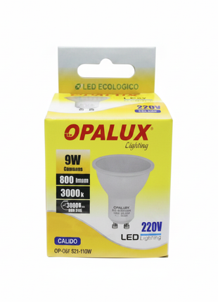 Opalux foco LED GU10 9W 220V – luz cálida 3000K 800lm – bajo consumo – ideal para spots empotrados y luminarias GU10

