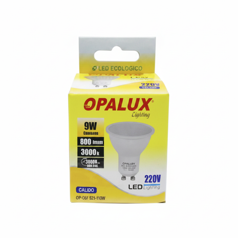 Opalux foco LED GU10 9W 220V – luz cálida 3000K 800lm – bajo consumo – ideal para spots empotrados y luminarias GU10

