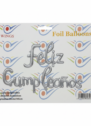 Foil Balloons Feliz Cumpleaños Plateado Wings fondo blanco