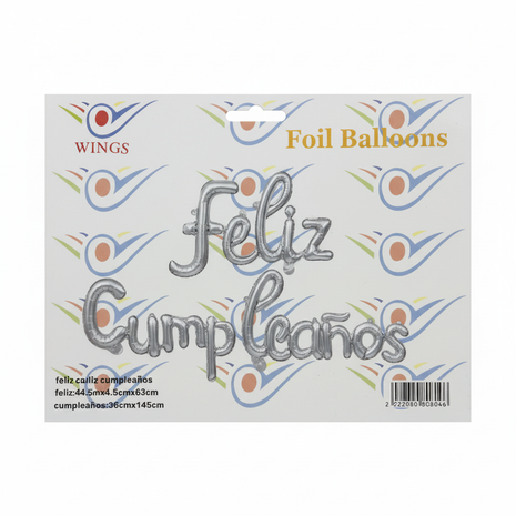 Foil Balloons Feliz Cumpleaños Plateado Wings fondo blanco