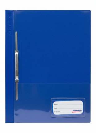 Folder Artesco azul con fastener metálico – tapa plástica brillante – bolsillo identificador – escolar y oficina

