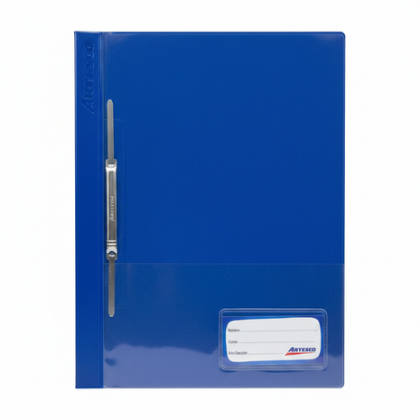 Folder Artesco azul con fastener metálico – tapa plástica brillante – bolsillo identificador – escolar y oficina

