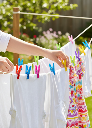 Ganchos de ropa de colores en situación de uso