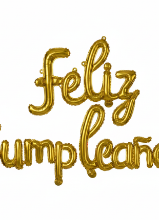 Macro letras foil metálico dorado Feliz Cumpleaños – acabado brillante premium para fiestas

