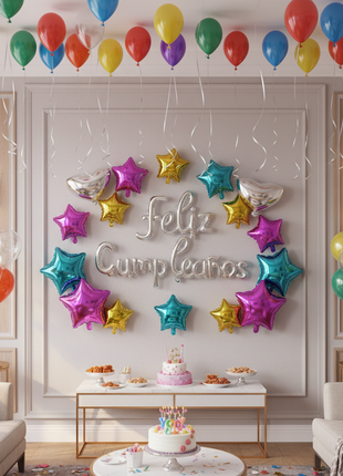Globo foil plateado Feliz Cumpleaños decorando sala de cumpleaños con globos estrella y corazón plateados

