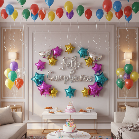 Globo foil plateado Feliz Cumpleaños decorando sala de cumpleaños con globos estrella y corazón plateados

