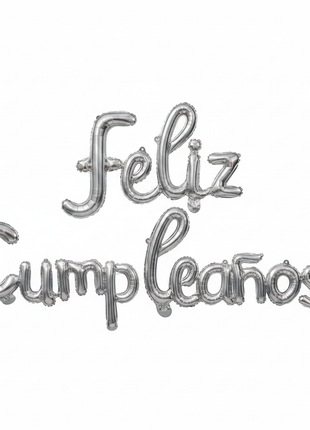 Macro letras foil metálico plateado Feliz Cumpleaños – acabado brillante premium para fiestas y eventos

