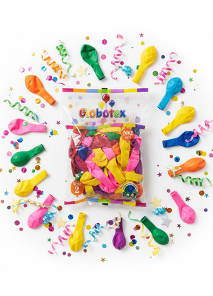 Flat lay globos látex biodegradable Globotex Nº2 multicolor 100 unidades – decoración fiestas y eventos

