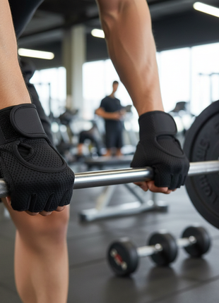 Guantes deportivos sin dedos negros en uso levantando pesas en gym, agarre seguro para entrenamiento Perú

