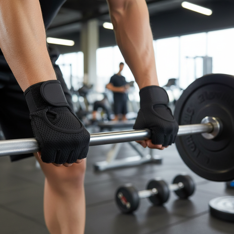 Guantes deportivos sin dedos negros en uso levantando pesas en gym, agarre seguro para entrenamiento Perú

