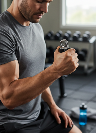 Hombre entrenando agarre y antebrazo con handgrip en el gimnasio